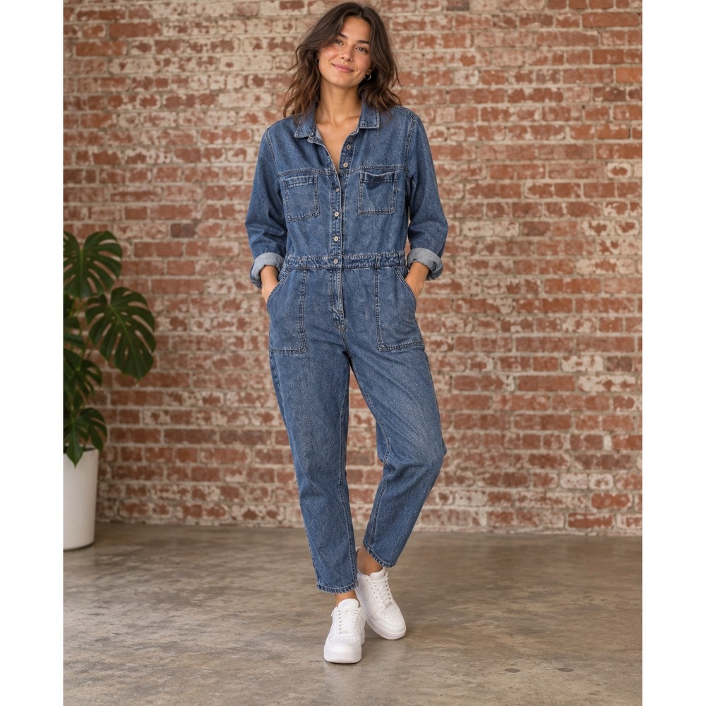 Old Navy Denim Utility Jumpsuit L Long Sleeve Boiler Suit Workwear